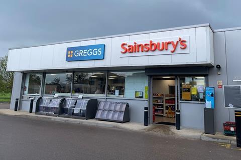 Exterior of petrol station store showing Greggs and Sainsbury's branding