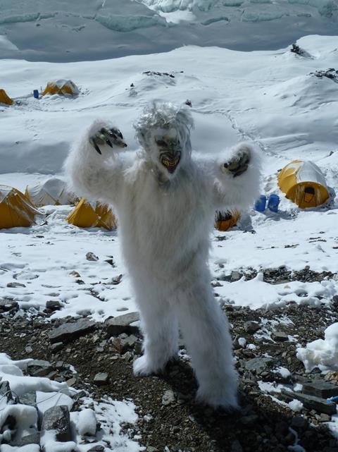 This is Malcolm Walker, dressed in a yeti costume on Mount Everest.