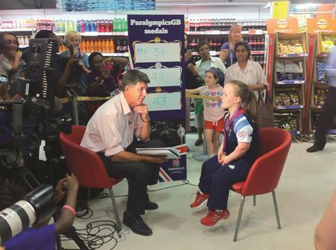 Medal-winner swimmer Ellie Simmonds, is interviewed by Alex Thomson for Channel 4 News in Sainsbury’s Stratford store.