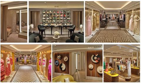 Collage of photos of Harrods' Holiday & Swim and Evening & Occasion rooms