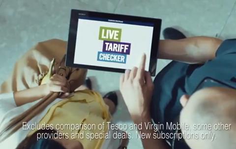 The advert highlights in-store staff comparing phone deals on an iPad