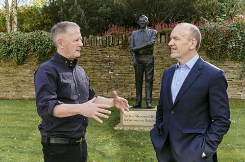 David Potts and Terry Leahy in front of a statue of Ken Morrison