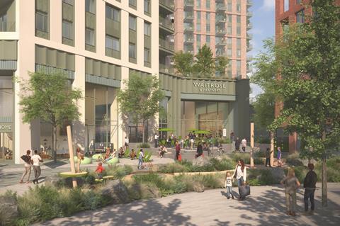 Artist impression of John Lewis Partnership Bromley housing scheme, showing Waitrose store and housing