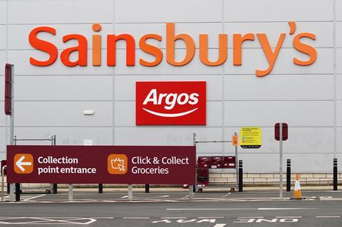 Exterior of Sainsbury's store showing Argos branding and signs for collection point and click-and-collect groceries