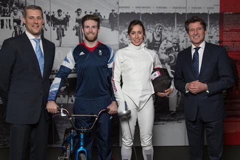 Aldi UK and Ireland chief executive Matthew Barnes with Team GB athletes Samantha Murray and Liam Phillips, and BOA chairman Lord Sebastian Coe