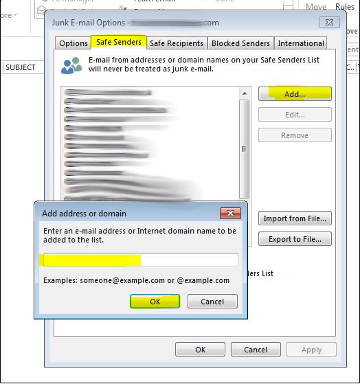 Outlook: Add to safe senders